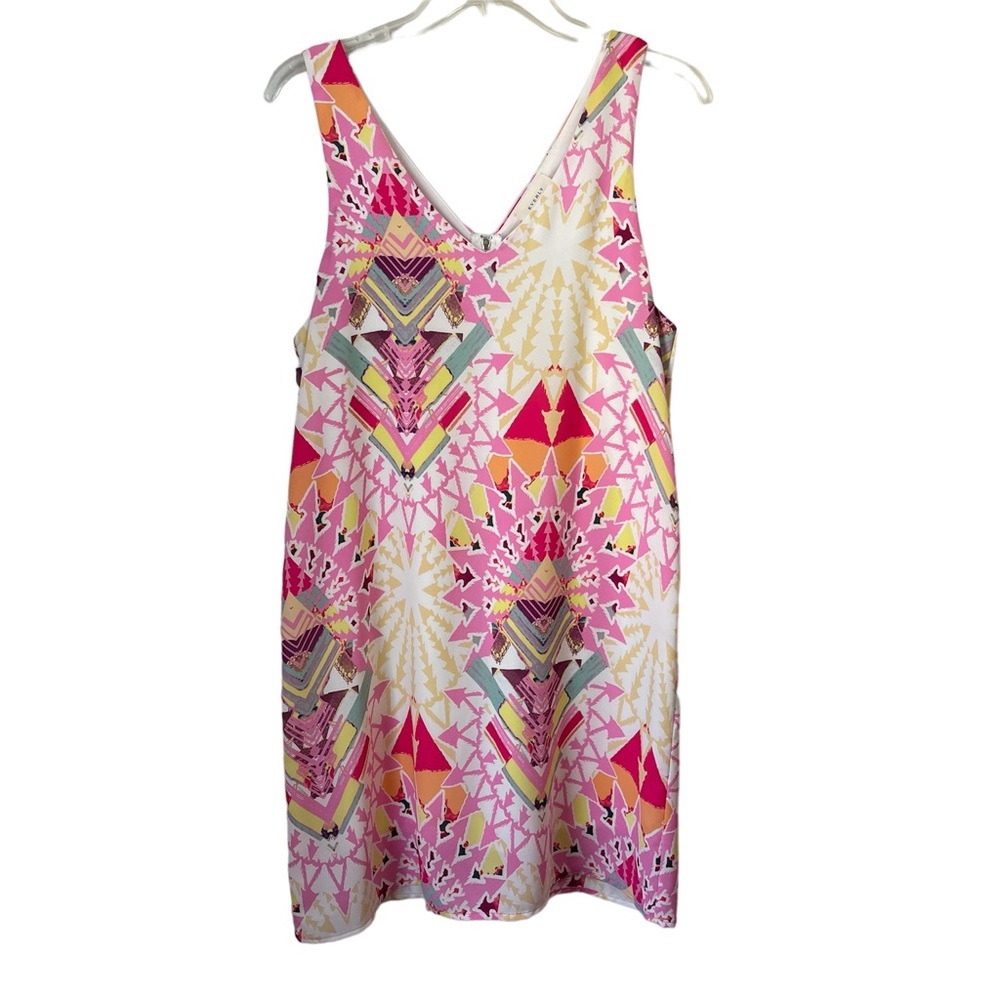 Everly multicolor abstract print sleeveless shift dress size M V-neck zip back